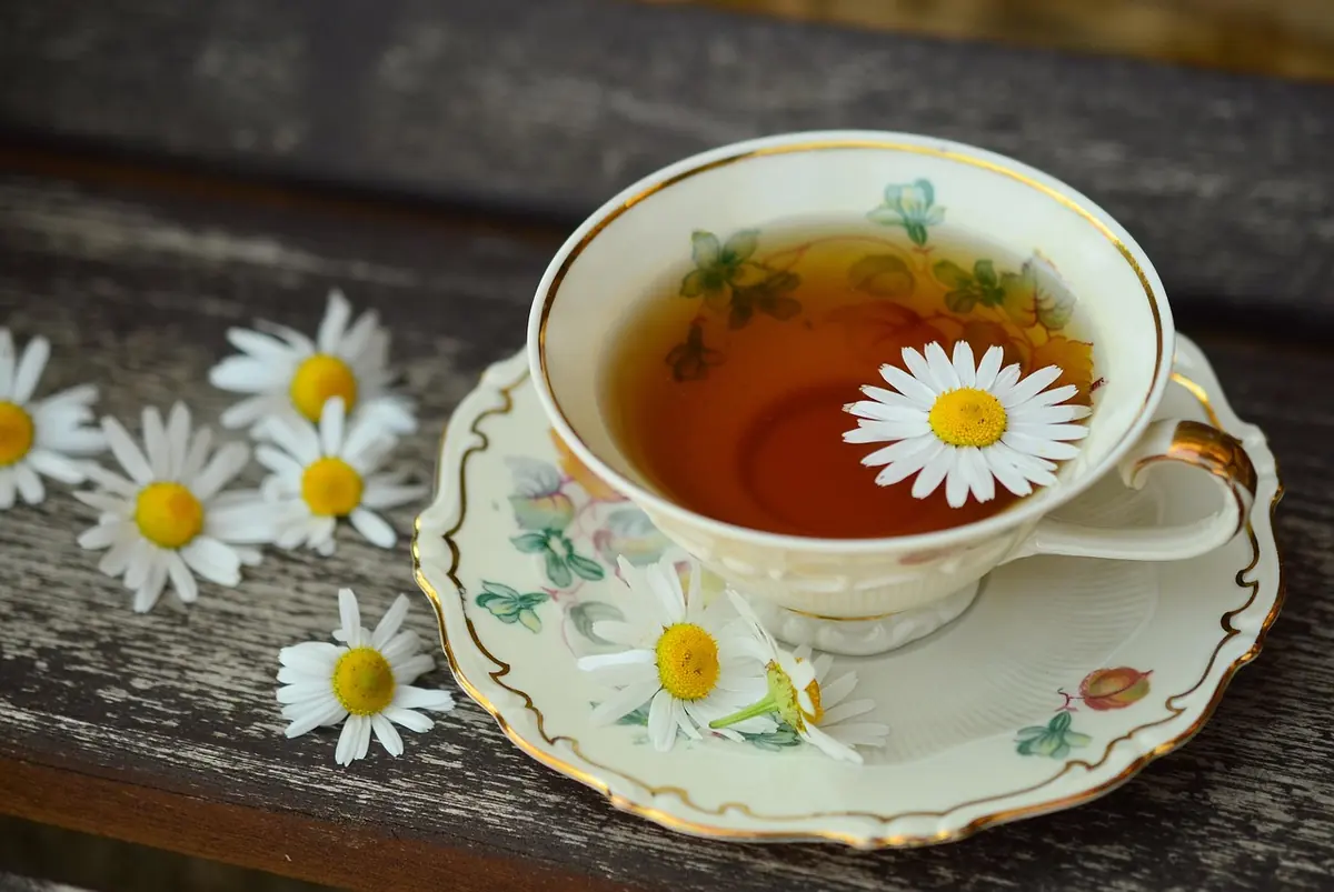 Porcelain cup of tea with chamomile flowers on a wooden table