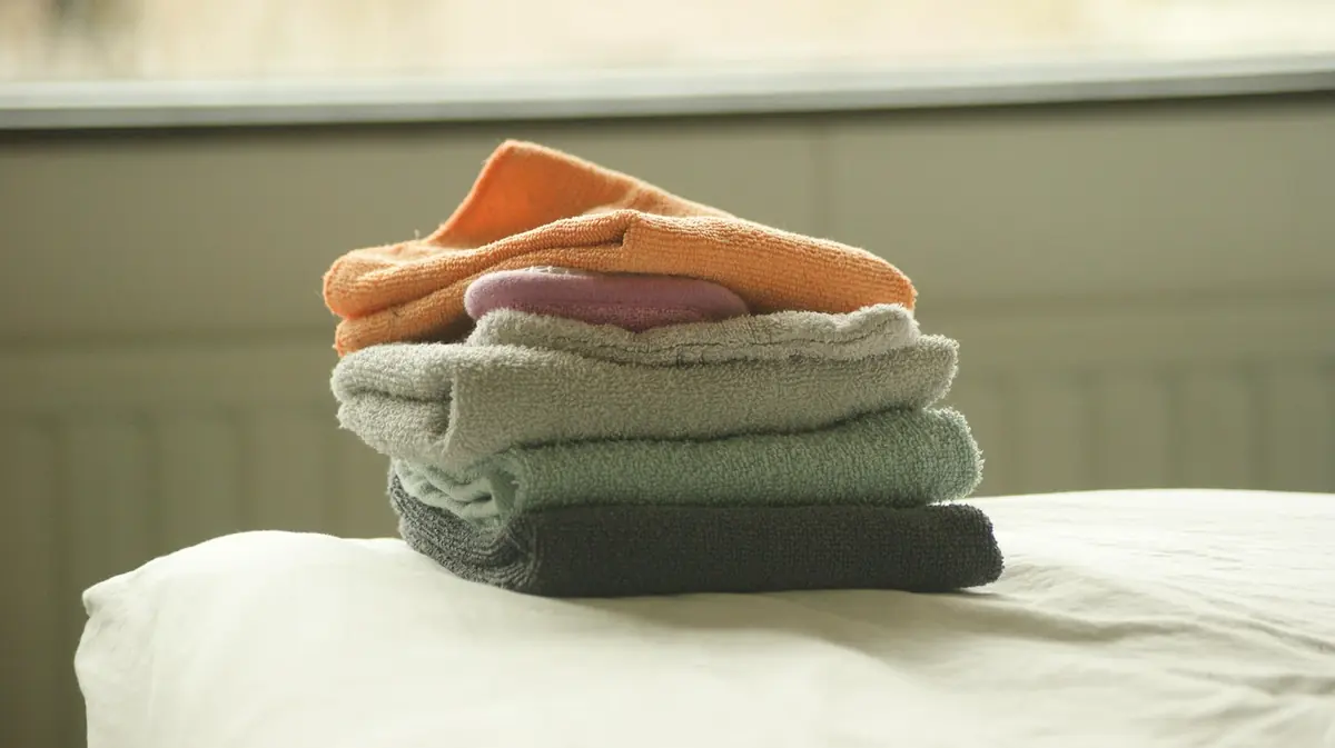Stack of folded towels in orange, green and gray on a bed